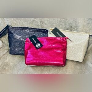 Set of New Simon Chang Large Glitter Cosmetic Cases: Pink, Black & Cream